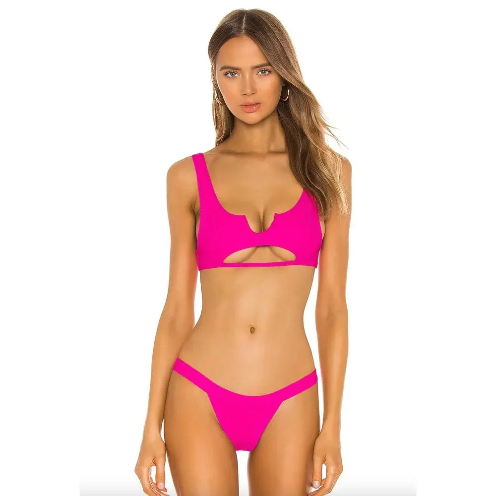 Frankie’s Bikinis Cole Ribbed Scoop Bikini Top - Cutout - Fuchsia - Large